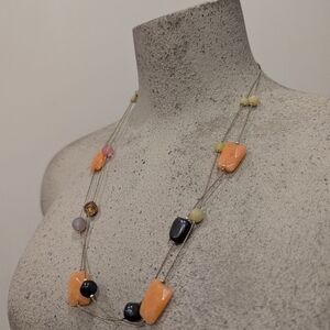 Mid Century Modern mixed Gemstone & glass bead necklace on a gold-tone chain